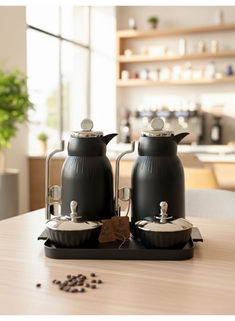 A 5-piece tea and coffee thermos set with a serving tray and 2 attractively designed canisters.